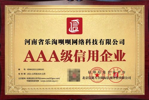 热烈祝贺乐淘呗呗荣获3A企业信用等级认证